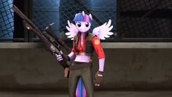 Size: 1191x670 | Tagged: safe, artist:mitothebest96, twilight sparkle, alicorn, anthro, g4, 3d, belly button, crossover, female, front knot midriff, gun, horn, midriff, optical sight, parody, rifle, smiling, sniper, sniper (tf2), sniper rifle, solo, source filmmaker, spread wings, team fortress 2, teeth, twilight sparkle (alicorn), weapon, wings