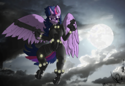 Size: 3000x2066 | Tagged: safe, artist:magical disaster, twilight sparkle, anthro, g4, bodysuit, breasts, clothes, cosplay, costume, female, gantz, gun, high res, looking at you, night, overalls, pinup, twilight sparkle (alicorn)