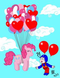 Size: 850x1100 | Tagged: safe, artist:jazzytyfighter, pinkie pie, g4, balloon, balloon fight, balloon fighter, color, floating, flying, sky, then watch her balloons lift her up to the sky