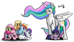 Size: 2462x1423 | Tagged: safe, artist:greyscaleart, applejack, fluttershy, pinkie pie, princess celestia, rainbow dash, rarity, twilight sparkle, alicorn, earth pony, pegasus, pony, unicorn, friendship is magic, g4, cute, female, filly, freckles, greyscaleart is trying to murder us, group, mane six, mare, missing accessory, open mouth, smiling, young, younger