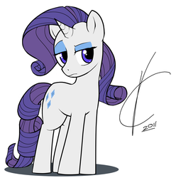 Size: 1198x1210 | Tagged: safe, artist:valcron, rarity, pony, unicorn, g4, 2011, female, frown, lidded eyes, looking at you, mare, raised eyebrow, simple background, solo, standing, unamused, white background, wrong eye color