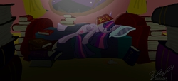 Size: 2200x1000 | Tagged: safe, artist:readtoasts, twilight sparkle, g4, bed, book, female, sleeping, solo