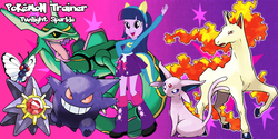 Size: 800x400 | Tagged: safe, artist:lightdegel, twilight sparkle, butterfree, espeon, gengar, rapidash, rayquaza, starmie, equestria girls, g4, crossover, pokémon