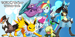 Size: 800x400 | Tagged: safe, artist:lightdegel, rainbow dash, crobat, jolteon, lucario, staraptor, suicune, turtwig, equestria girls, g4, pokémon