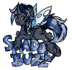 Size: 1081x1054 | Tagged: safe, artist:php166, oc, oc only, oc:shadow buzz, changeling, badge, blue changeling, con badge, horn, male, stallion, wings