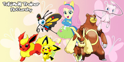 Size: 800x400 | Tagged: safe, artist:lightdegel, fluttershy, beautifly, flareon, lopunny, mew, pichu, ursaring, equestria girls, g4, pikachu-colored pichu, pokémon, pokémon team