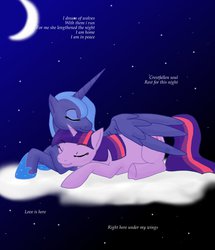 Size: 830x963 | Tagged: safe, artist:kourabiedes, princess luna, twilight sparkle, g4, cloud, eyes closed, female, hug, lesbian, moon, night, s1 luna, ship:twiluna, shipping, stars, winghug