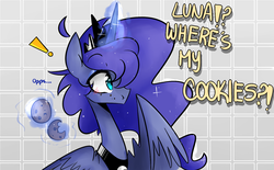 Size: 1500x931 | Tagged: safe, artist:jankrys00, princess luna, alicorn, pony, lunadoodle, g4, cheek bulge, cookie, dialogue, eating, exclamation point, female, food, implied stuffing, implied theft, levitation, magic, oops, solo