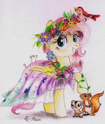 Size: 1024x1211 | Tagged: safe, artist:lailyren, fluttershy, bird, mouse, pegasus, pony, squirrel, g4, animal, clothes, color porn, dress, female, floral head wreath, floral necklace, flower, folded wings, looking at you, mare, raised hoof, smiling, solo, traditional art, wings