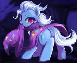 Size: 614x508 | Tagged: dead source, safe, artist:semi-kon, trixie, pony, unicorn, g4, butt, cute, diatrixes, female, lidded eyes, looking at you, looking back, mare, messy mane, mouth hold, nom, plot, smiling, solo, trixie's cape, trixie's hat, windswept mane