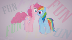 Size: 1473x821 | Tagged: safe, artist:allyster-black, pinkie pie, rainbow dash, g4, boop, eye contact, fun, nose wrinkle, noseboop, smiling