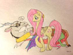 Size: 640x480 | Tagged: safe, artist:ameliacostanza, discord, fluttershy, g4, female, male, ship:discoshy, shipping, straight, traditional art