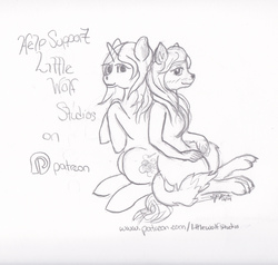 Size: 2625x2496 | Tagged: safe, artist:littlewolfstudios, oc, oc only, oc:kirawolf, wolf, blushing, commission, design, digital art, female, furry, high res, monochrome, non-mlp oc, patreon, sitting, smiling, support
