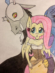 Size: 480x640 | Tagged: safe, artist:ameliacostanza, discord, fluttershy, anthro, g4, female, male, phantom of the opera, ship:discoshy, shipping, straight