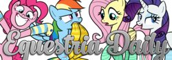 Size: 1000x350 | Tagged: safe, artist:drawponies, fluttershy, pinkie pie, rainbow dash, rarity, equestria daily, g4, biting, clothes, grin, header, socks