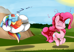 Size: 3000x2100 | Tagged: safe, artist:madacon, pinkie pie, rainbow dash, earth pony, pegasus, pony, g4, cloud, duo, female, high res, mare, on a cloud, singing, sleeping, sleeping on a cloud