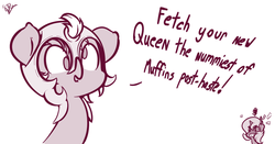 Size: 1476x772 | Tagged: safe, artist:krucification, derpy hooves, princess luna, pony, g4, accessory theft, duo, helmet, implied muffins, luna is not amused, monochrome, text, unamused