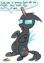 Size: 594x850 | Tagged: safe, artist:mcponyponypony, oc, oc only, oc:danganya, changeling, changeling oc, crayon, cute, cuteling, cutie mark, fake cutie mark, fake horn, seems legit, solo, tape, toilet paper roll, tongue out