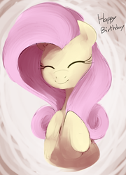Size: 525x729 | Tagged: safe, artist:dotkwa, fluttershy, g4, eyes closed, female, happy birthday, smiling, solo