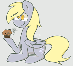 Size: 1024x922 | Tagged: safe, artist:flutternutpie, derpy hooves, pegasus, pony, g4, dialogue, facial hair, female, gray background, hat, mare, monocle, moustache, muffin, simple background, solo, top hat