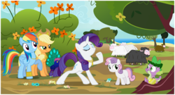 Size: 9000x4858 | Tagged: safe, artist:xenoneal, applejack, rainbow dash, rarity, scootaloo, spike, sweetie belle, bird, earth pony, peacock, pegasus, pony, sheep, unicorn, g4, .svg available, absurd resolution, female, filly, fine art parody, foal, golden apple, mare, the judgement of paris, vector