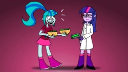 Size: 1191x670 | Tagged: safe, artist:scobionicle99, sci-twi, sonata dusk, twilight sparkle, equestria girls, g4, my little pony equestria girls: rainbow rocks, alternate hairstyle, clone, clone taco, clothes, female, glasses, gun, lab coat, loose hair, sci-twi is not amused, sonataco, taco, that girl sure loves tacos, that siren sure does love tacos, twilight sparkle is not amused, unamused, weapon