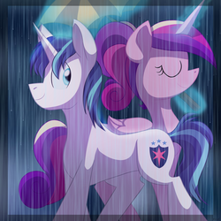 Size: 1024x1024 | Tagged: safe, artist:fj-c, princess cadance, shining armor, g4, rain, umbrella