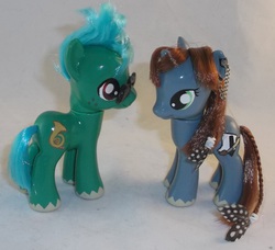 Size: 2201x2009 | Tagged: safe, artist:gryphyn-bloodheart, oc, oc only, oc:blue note, oc:first snow, pony, unicorn, blue mane, blue pony, brown mane, brushable, customized toy, female, green pony, high res, irl, male, mare, photo, stallion, toy