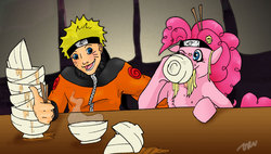 Size: 1988x1131 | Tagged: safe, artist:decadent-orochimaru, artist:orochimartyr, pinkie pie, earth pony, pony, g4, chopsticks, chopsticks in hair, crossover, duo, food, naruto, noodles, ramen, uzumaki naruto