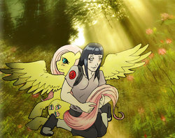 Size: 1727x1369 | Tagged: safe, artist:decadent-orochimaru, artist:orochimartyr, fluttershy, pony, g4, crepuscular rays, crossover, duo, hyuuga hinata, naruto