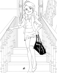 Size: 1000x1294 | Tagged: safe, artist:mono-phos, diamond tiara, human, g4, bag, cardigan, clothes, dress, female, handbag, humanized, jacket, lineart, monochrome, necklace, shoes, socks, solo, staircase, thigh highs