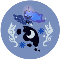 Size: 804x804 | Tagged: safe, artist:arylett-charnoa, part of a set, princess luna, alicorn, pony, g4, button, cutie mark, eyes closed, eyeshadow, female, glowing, glowing horn, horn, makeup, mare, simple background, solo, wings