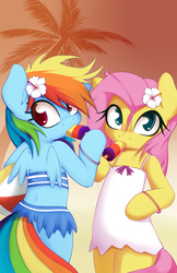 Size: 3338x5138 | Tagged: safe, artist:grumblepluck, fluttershy, rainbow dash, pegasus, pony, semi-anthro, g4, absurd resolution, attached skirt, beach, bikini, clothes, cute, dress, female, flower, flower in hair, mare, popsicle, sundress, swimsuit