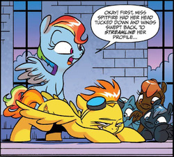 Size: 822x741 | Tagged: safe, idw, rainbow dash, spitfire, pegasus, pony, friends forever, g4, spoiler:comic, spoiler:comicff11, demonstration, face down ass up, floppy ears, foal, goggles, grin, implied spitdash, misleading thumbnail, open mouth, out of context, smiling, smirk, teaching