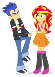 Size: 850x1200 | Tagged: safe, artist:dm29, flash sentry, sunset shimmer, equestria girls, g4, my little pony equestria girls: rainbow rocks, agony, clothes, duo, fist, flashabuse, kick to the knee, simple background, skirt, tank top, transparent background, wince