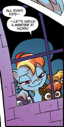 Size: 421x837 | Tagged: safe, artist:jay fosgitt, idw, official comic, loop de loop, rainbow dash, friends forever #11, g4, my little pony: friends forever, spoiler:comic, bedroom eyes, faic, out of context, smugdash