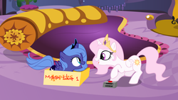Size: 960x540 | Tagged: safe, artist:pluckyninja, artist:tamalesyatole, princess celestia, princess luna, alicorn, pony, g4, box, button, celestias room, cewestia, eye contact, female, filly, filly celestia, filly luna, open mouth, royal sisters, siblings, sisters, smiling, to the moon, woona, younger