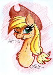 Size: 1239x1751 | Tagged: safe, artist:digitaldomain123, applejack, g4, blushing, bust, colored, female, solo, traditional art