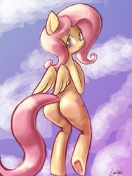 Size: 720x960 | Tagged: safe, artist:lumineko, fluttershy, pony, g4, bipedal, blushing, butt, female, incorrect leg anatomy, looking at you, looking back, open mouth, plot, solo, underhoof