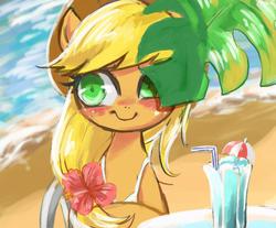 Size: 800x661 | Tagged: dead source, safe, artist:semi-kon, applejack, earth pony, pony, g4, beach, drink, drinking straw, female, hibiscus, looking at you, palm leaf, solo, straw, water
