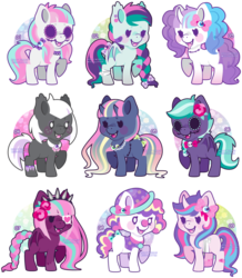 Size: 950x1091 | Tagged: safe, artist:miss-glitter, oc, oc only, bat pony, bicorn, earth pony, pony, adoptable, bandage, bandaid, blushing, bow, bowtie, braid, clown nose, earring, eyepatch, fangs, female, flower, freckles, hat, horn, injured, mare, necklace, pigtails, red nose, stitches, tail bow, tongue out
