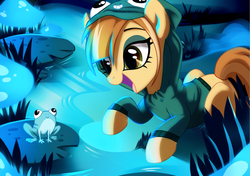 Size: 1234x870 | Tagged: safe, artist:pepooni, oc, oc only, frog, pony, clothes, female, hoodie, lilypad, mare, solo