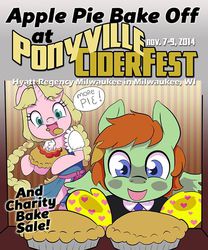 Size: 600x720 | Tagged: safe, artist:jezebeltart, oc, oc only, oc:barley tender, oc:caramel malt, pony, 2014, against glass, apple pie, baking, barmel, bipedal, charity, clothes, contest, convention, duo, food, oven, ponyville ciderfest, promo