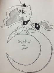 Size: 1536x2090 | Tagged: safe, artist:a little tipsey, princess luna, g4, crescent moon, cutie mark, female, monochrome, moon, pencil drawing, solo, traditional art