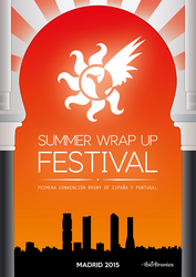 Size: 509x720 | Tagged: safe, artist:jimmytrius, philomena, phoenix, g4, 2015, city, cityscape, convention, madrid, pillar, poster, promo, skyline, summer wrap up festival, sun, swufest