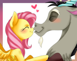 Size: 1024x819 | Tagged: safe, artist:yami-sempai, discord, fluttershy, draconequus, pegasus, pony, g4, blushing, bust, eyes closed, female, heart, imminent kissing, male, mare, profile, ship:discoshy, shipping, spread wings, straight, wings