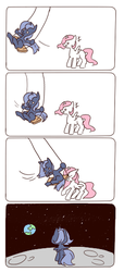 Size: 250x550 | Tagged: safe, artist:ard747, princess celestia, princess luna, g4, 4koma, accident, cewestia, collision, comic, disproportionate retribution, filly, pixiv, to the moon, woona, woonabuse, younger