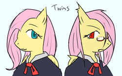 Size: 800x499 | Tagged: safe, artist:galdyearth, fluttershy, g4, clothes, duality, flutterbat, glasses, pixiv, school uniform, twins