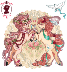 Size: 977x1044 | Tagged: safe, artist:cigarscigarettes, oc, oc only, bird, pony, blushing, braid, duo, ears up, feather, feather in hair, flower, flower in hair, flower in tail, flower on ear, horseshoes, lidded eyes, long mane, long tail, rearing, ribbon, rose, side view, simple background, smiling, spread wings, tail, transparent background, wings