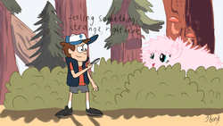 Size: 1280x720 | Tagged: safe, artist:jbond, oc, oc:fluffle puff, earth pony, human, pony, baseball cap, clothes, crossover, dipper pines, fluffy, forest, gravity falls, hat, looking glass, male, piness, shoes, signature, text